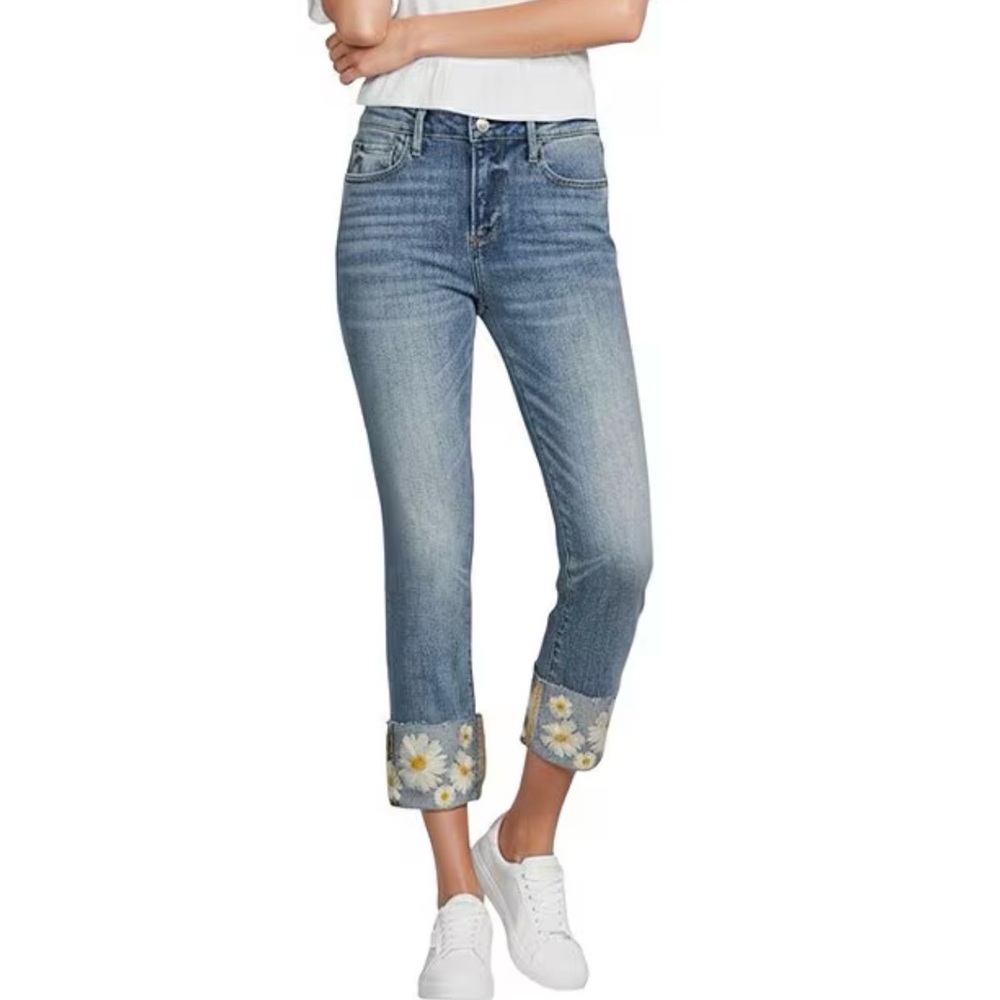 Driftwood Colette Stretch Denim Embroidered Daisy Cuffed Cropped Jeans